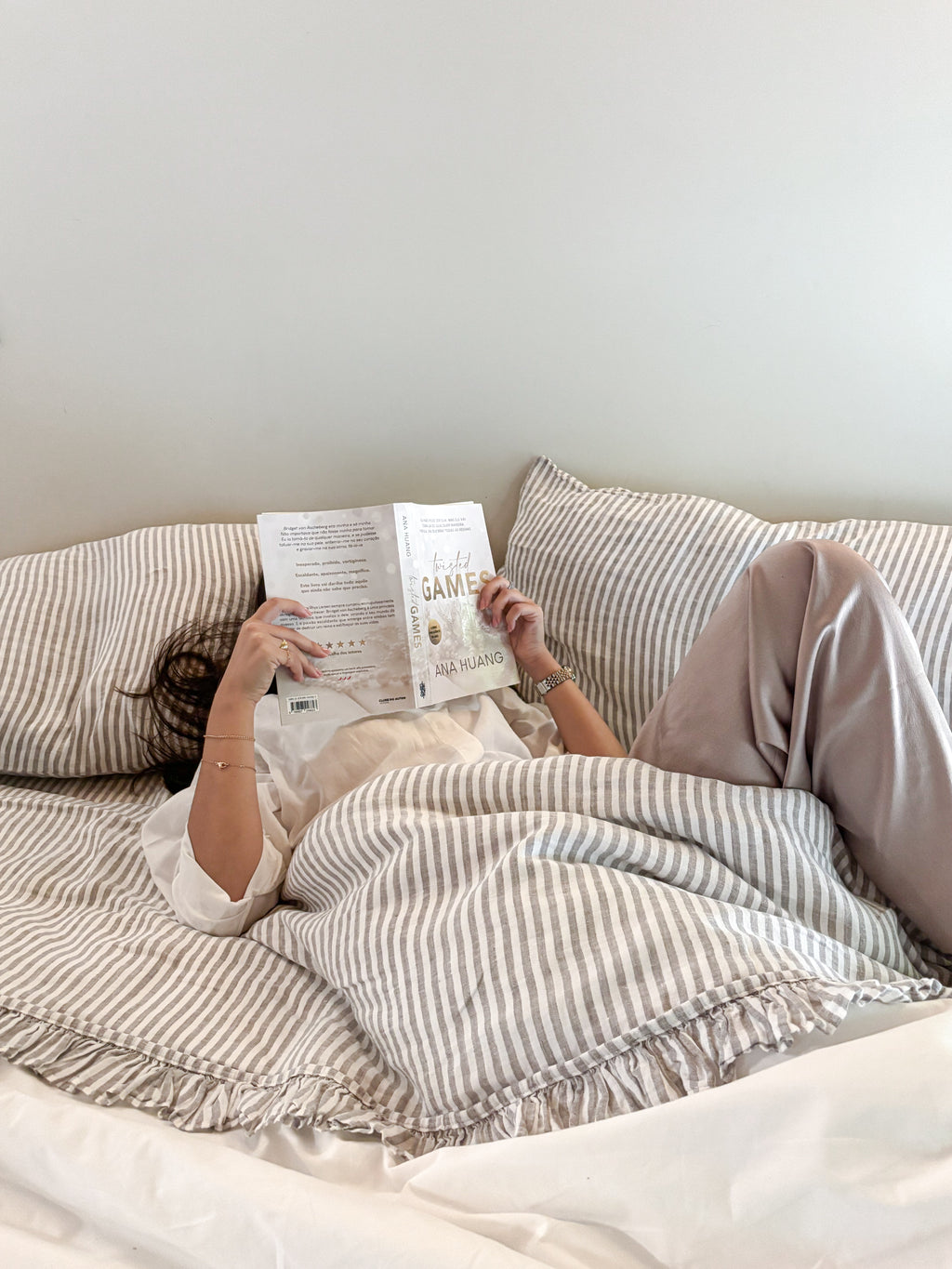 Lençol às riscas com folho 100% Linho