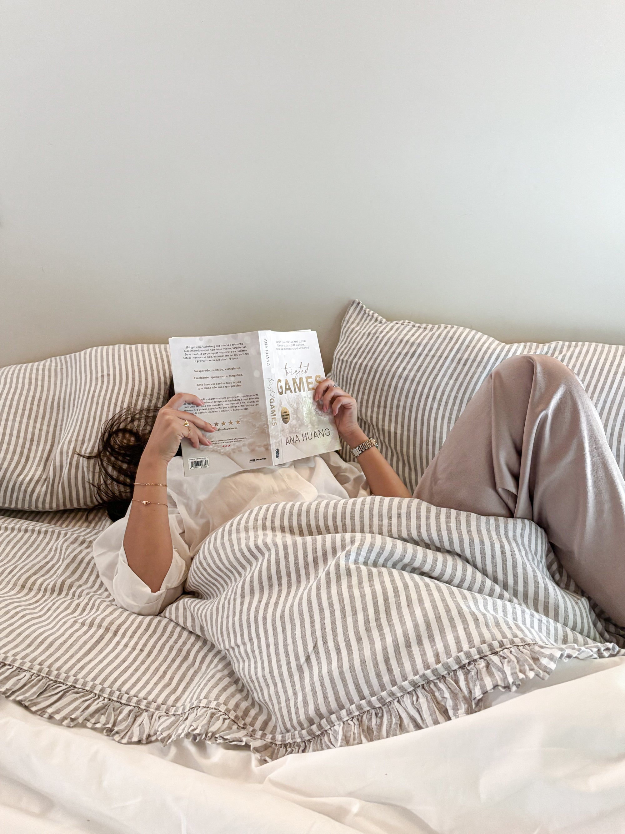 Lençol às riscas com folho 100% Linho