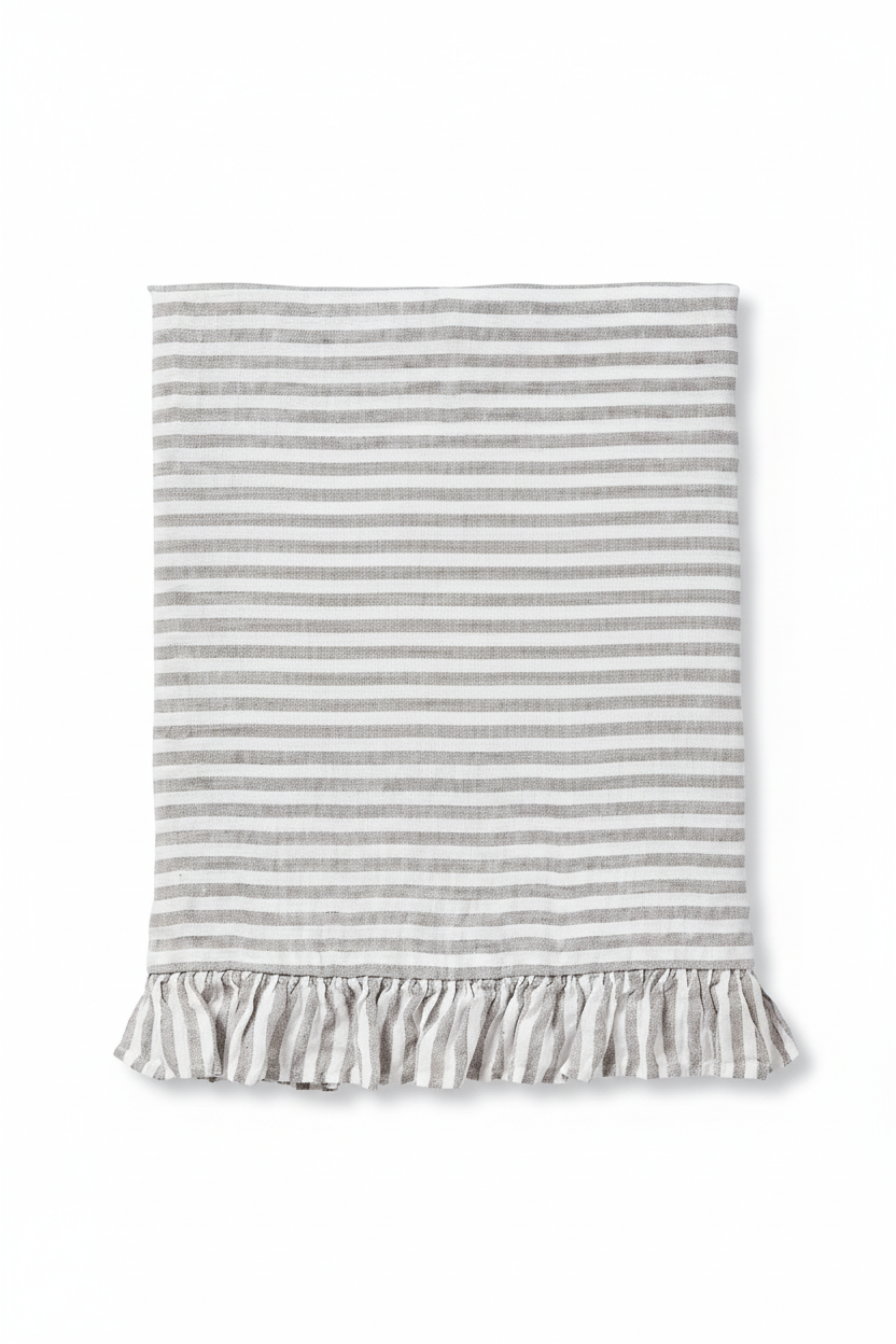 Lençol às riscas com folho 100% Linho